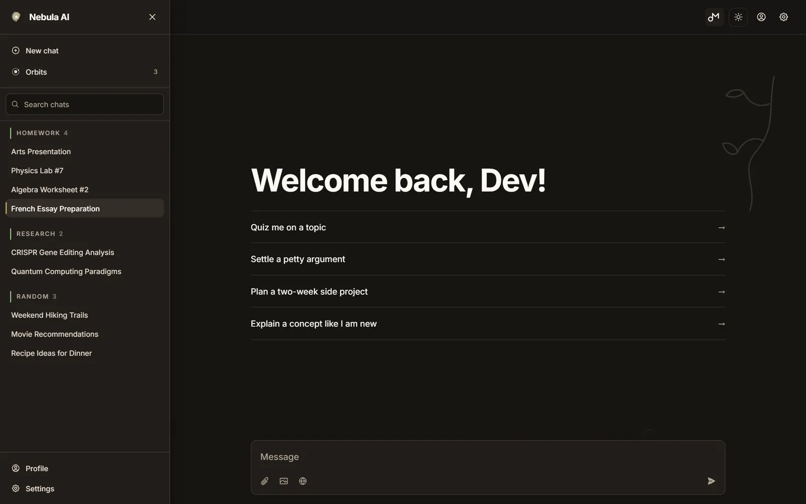 Nebula AI dashboard